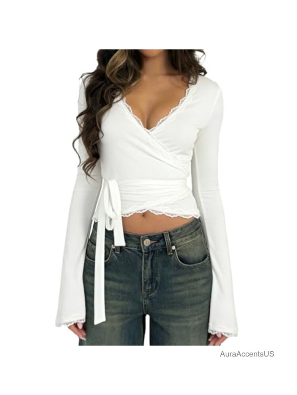 Y2K Sheer Mesh Crop Top Long Sleeve Deep V Neck Cross Wrap Blouse